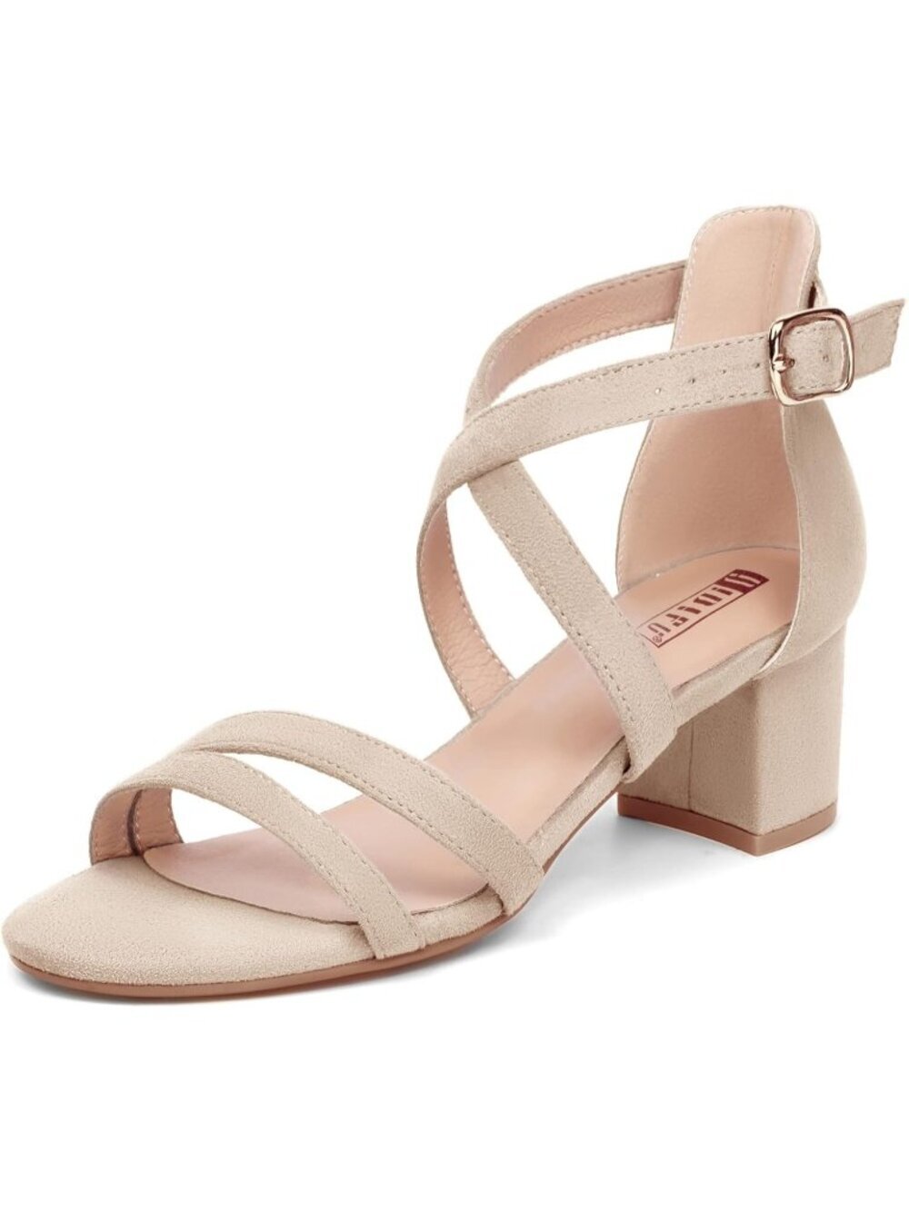 Women's Nude Suede Block Low Chunky Heel Open Toe Ankle Strap Dress Sandals